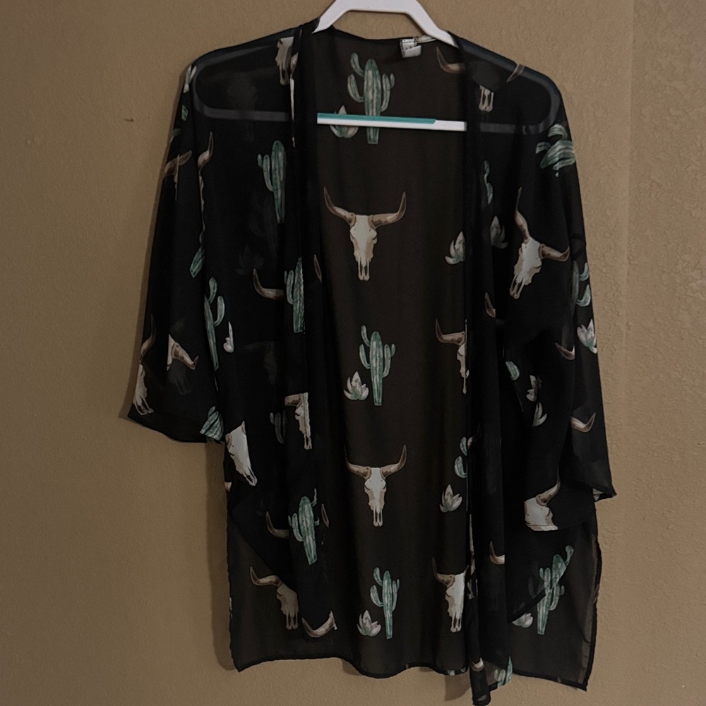Black Sheer Kimono with Cactus and Skull Print